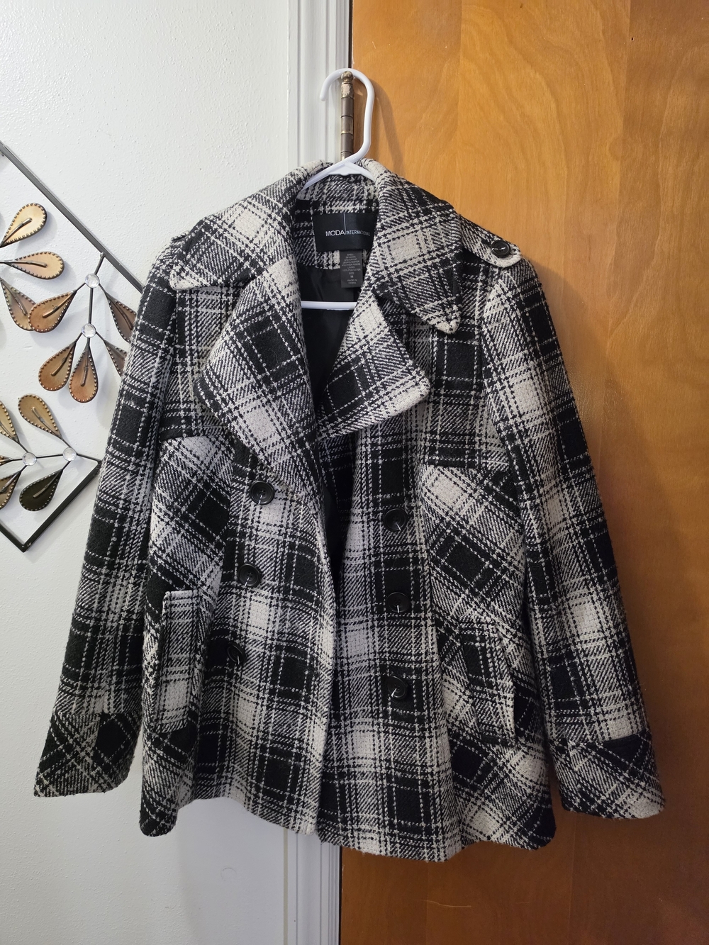 Moda International Black & White Plaid Pea Coat with Double-Breast